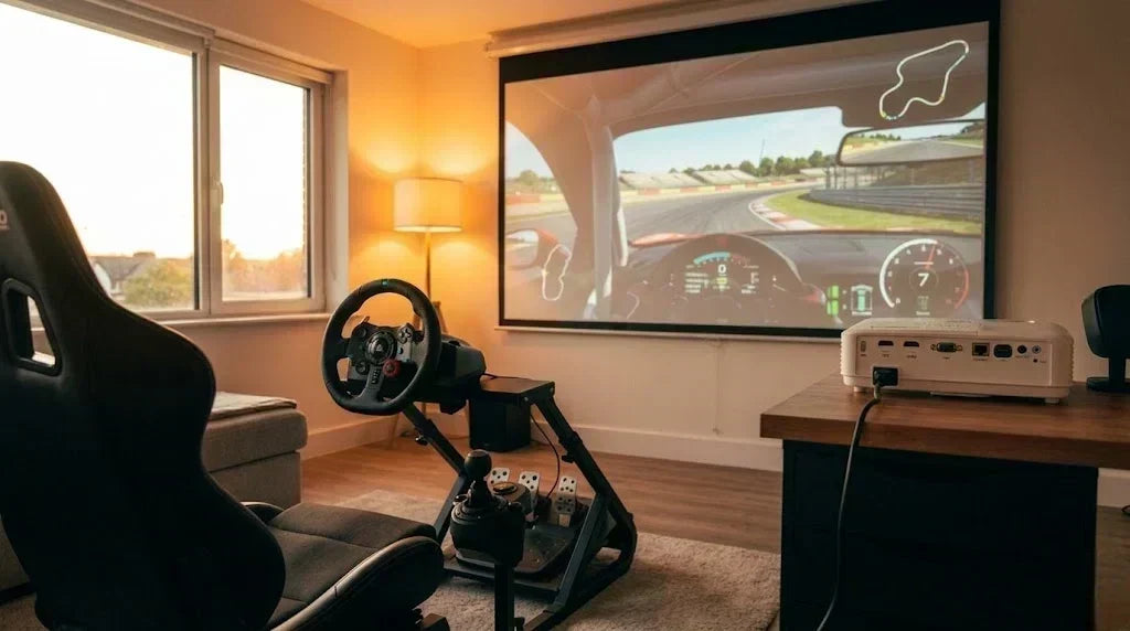 Srovnání ultraširokého herního monitoru a 4K projektoru pro sim racing