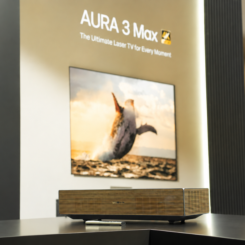 IFA会場のブースに展示された「AURA 3 Max」本体。手前にリモコンが置かれている