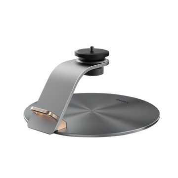 a silver stand with a black screw