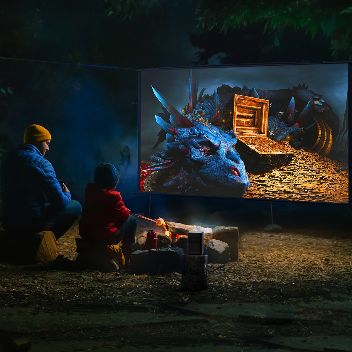 Disfrute del entretenimiento en el campamento con el proyector portátil Halo+ 1080p FHD